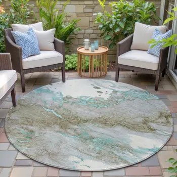 8' Teal Blue And Brown Round Abstract Washable Indoor Outdoor Area Rug
