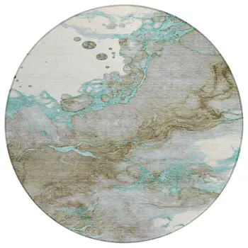 8' Teal Blue And Brown Round Abstract Washable Indoor Outdoor Area Rug