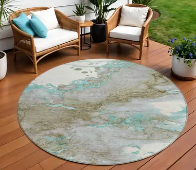 8' Teal Blue And Brown Round Abstract Washable Indoor Outdoor Area Rug