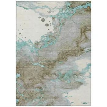 8' X 10' Teal Blue And Brown Abstract Washable Indoor Outdoor Area Rug
