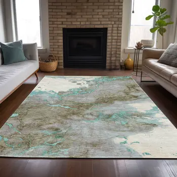 10' X 14' Teal Blue And Brown Abstract Washable Indoor Outdoor Area Rug