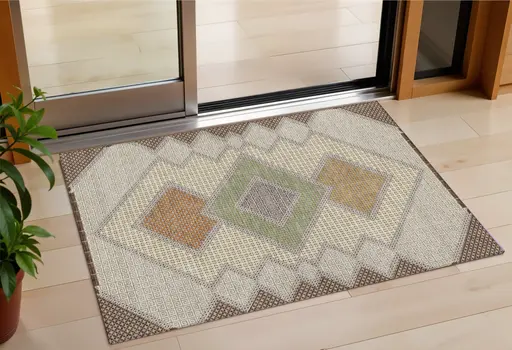 3' X 5' Brown Copper And Fern Green Geometric Washable Indoor Outdoor Area Rug