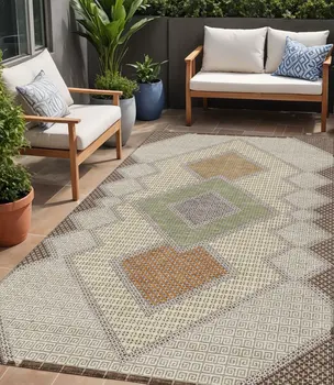 5' X 8' Brown Copper And Fern Green Geometric Washable Indoor Outdoor Area Rug