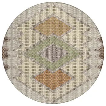 8' Brown Copper And Fern Green Round Geometric Washable Indoor Outdoor Area Rug