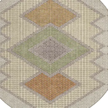 8' Brown Copper And Fern Green Round Geometric Washable Indoor Outdoor Area Rug
