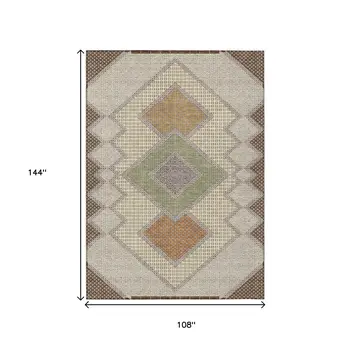 9' X 12' Brown Copper And Fern Green Geometric Washable Indoor Outdoor Area Rug