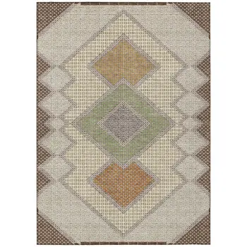 9' X 12' Brown Copper And Fern Green Geometric Washable Indoor Outdoor Area Rug