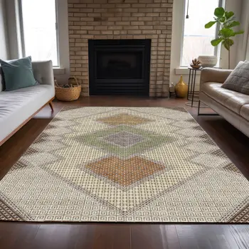 9' X 12' Brown Copper And Fern Green Geometric Washable Indoor Outdoor Area Rug