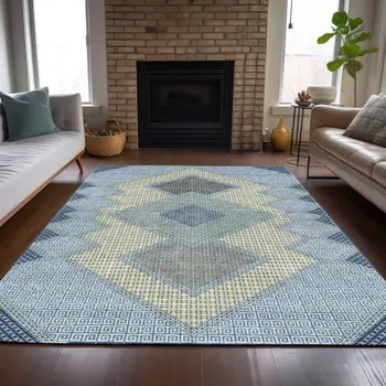 5' X 8' Denim Blue Gray And Brown Geometric Washable Indoor Outdoor Area Rug