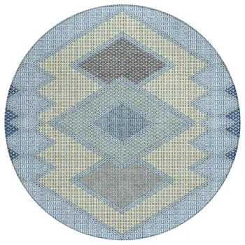 8' Denim Blue Gray And Brown Round Geometric Washable Indoor Outdoor Area Rug