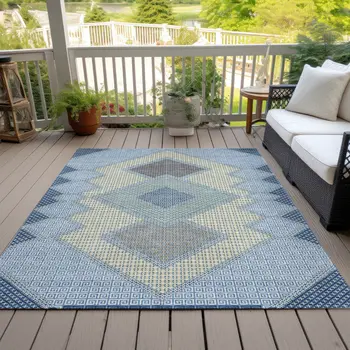 9' X 12' Denim Blue Gray And Brown Geometric Washable Indoor Outdoor Area Rug