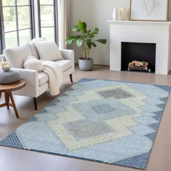 10' X 14' Denim Blue Gray And Brown Geometric Washable Indoor Outdoor Area Rug