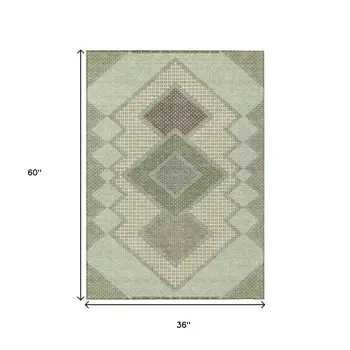 3' X 5' Green Gray And Taupe Geometric Washable Indoor Outdoor Area Rug