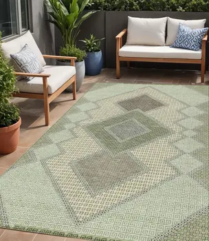 5' X 8' Green Gray And Taupe Geometric Washable Indoor Outdoor Area Rug