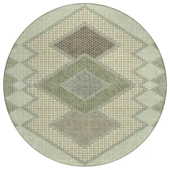 8' Green Gray And Taupe Round Geometric Washable Indoor Outdoor Area Rug