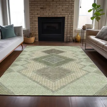 8' X 10' Green Gray And Taupe Geometric Washable Indoor Outdoor Area Rug