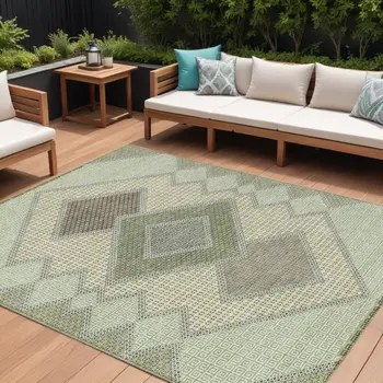 9' X 12' Green Gray And Taupe Geometric Washable Indoor Outdoor Area Rug