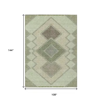 9' X 12' Green Gray And Taupe Geometric Washable Indoor Outdoor Area Rug