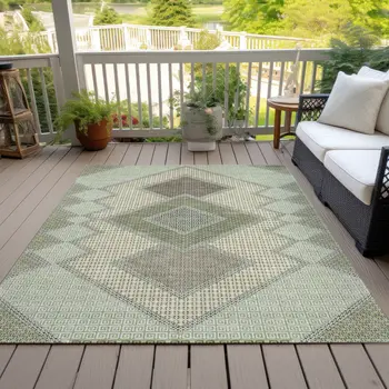 9' X 12' Green Gray And Taupe Geometric Washable Indoor Outdoor Area Rug