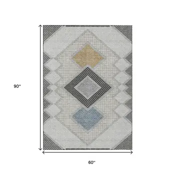 5' X 8' Gray Gold And Charcoal Geometric Washable Indoor Outdoor Area Rug