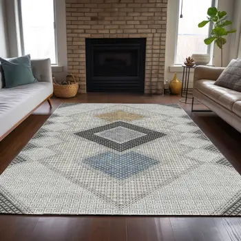 5' X 8' Gray Gold And Charcoal Geometric Washable Indoor Outdoor Area Rug