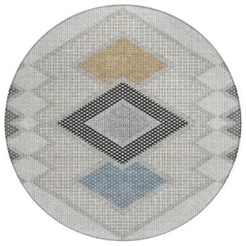 8' Gray Gold And Charcoal Round Geometric Washable Indoor Outdoor Area Rug