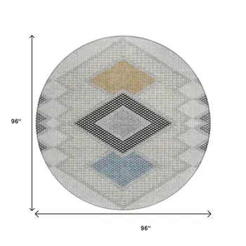 8' Gray Gold And Charcoal Round Geometric Washable Indoor Outdoor Area Rug