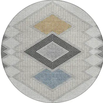 8' Gray Gold And Charcoal Round Geometric Washable Indoor Outdoor Area Rug