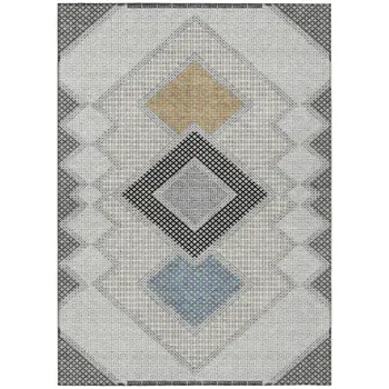 8' X 10' Gray Gold And Charcoal Geometric Washable Indoor Outdoor Area Rug
