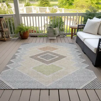 5' X 8' Pewter Copper And Silver Geometric Washable Indoor Outdoor Area Rug