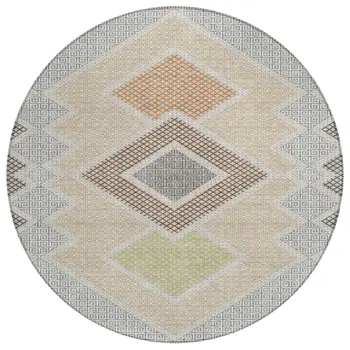8' Pewter Copper And Silver Round Geometric Washable Indoor Outdoor Area Rug