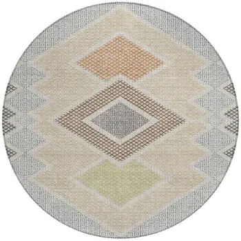 8' Pewter Copper And Silver Round Geometric Washable Indoor Outdoor Area Rug