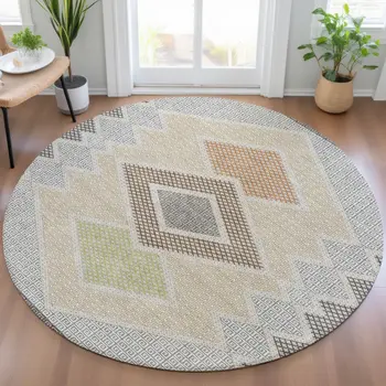8' Pewter Copper And Silver Round Geometric Washable Indoor Outdoor Area Rug