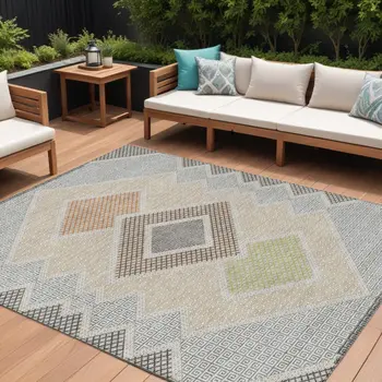 9' X 12' Pewter Copper And Silver Geometric Washable Indoor Outdoor Area Rug