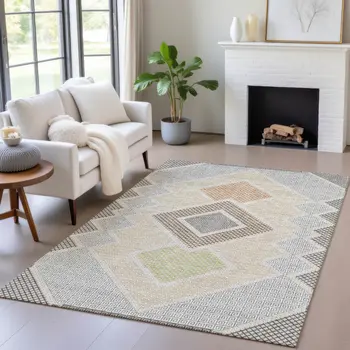 9' X 12' Pewter Copper And Silver Geometric Washable Indoor Outdoor Area Rug