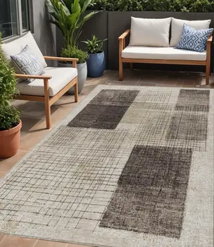 5' X 8' Brown And Taupe Geometric Washable Indoor Outdoor Area Rug