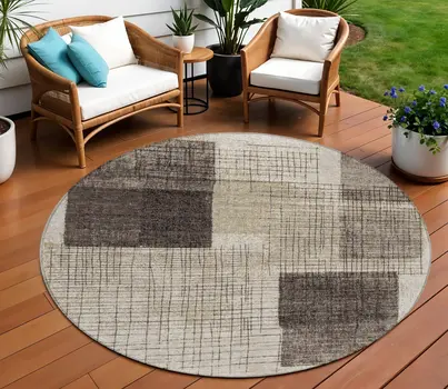 8' Brown And Taupe Round Geometric Washable Indoor Outdoor Area Rug