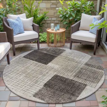8' Brown And Taupe Round Geometric Washable Indoor Outdoor Area Rug