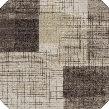 8' Brown And Taupe Round Geometric Washable Indoor Outdoor Area Rug