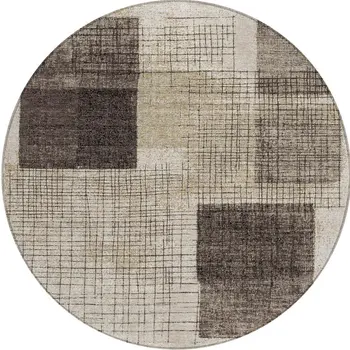 8' Brown And Taupe Round Geometric Washable Indoor Outdoor Area Rug