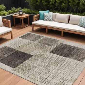 9' X 12' Brown And Taupe Geometric Washable Indoor Outdoor Area Rug