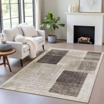 10' X 14' Brown And Taupe Geometric Washable Indoor Outdoor Area Rug