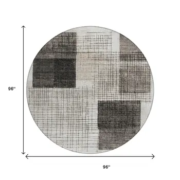 8' Ivory And Black Round Geometric Washable Indoor Outdoor Area Rug