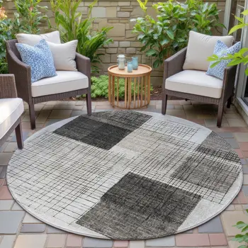 8' Ivory And Black Round Geometric Washable Indoor Outdoor Area Rug