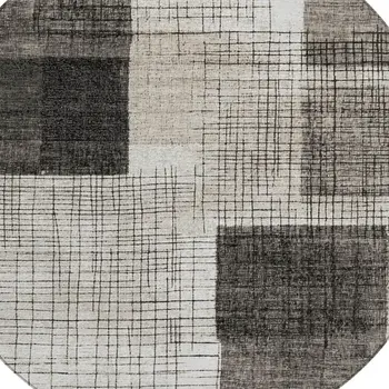 8' Ivory And Black Round Geometric Washable Indoor Outdoor Area Rug
