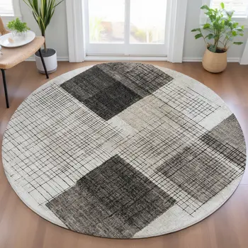 8' Ivory And Black Round Geometric Washable Indoor Outdoor Area Rug