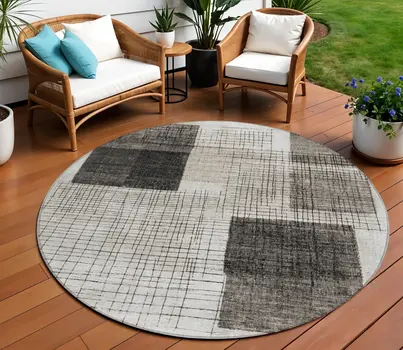 8' Ivory And Black Round Geometric Washable Indoor Outdoor Area Rug