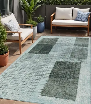 5' X 8' Teal Blue And Gray Geometric Washable Indoor Outdoor Area Rug