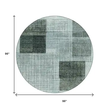 8' Teal Blue And Gray Round Geometric Washable Indoor Outdoor Area Rug