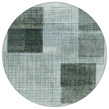 8' Teal Blue And Gray Round Geometric Washable Indoor Outdoor Area Rug